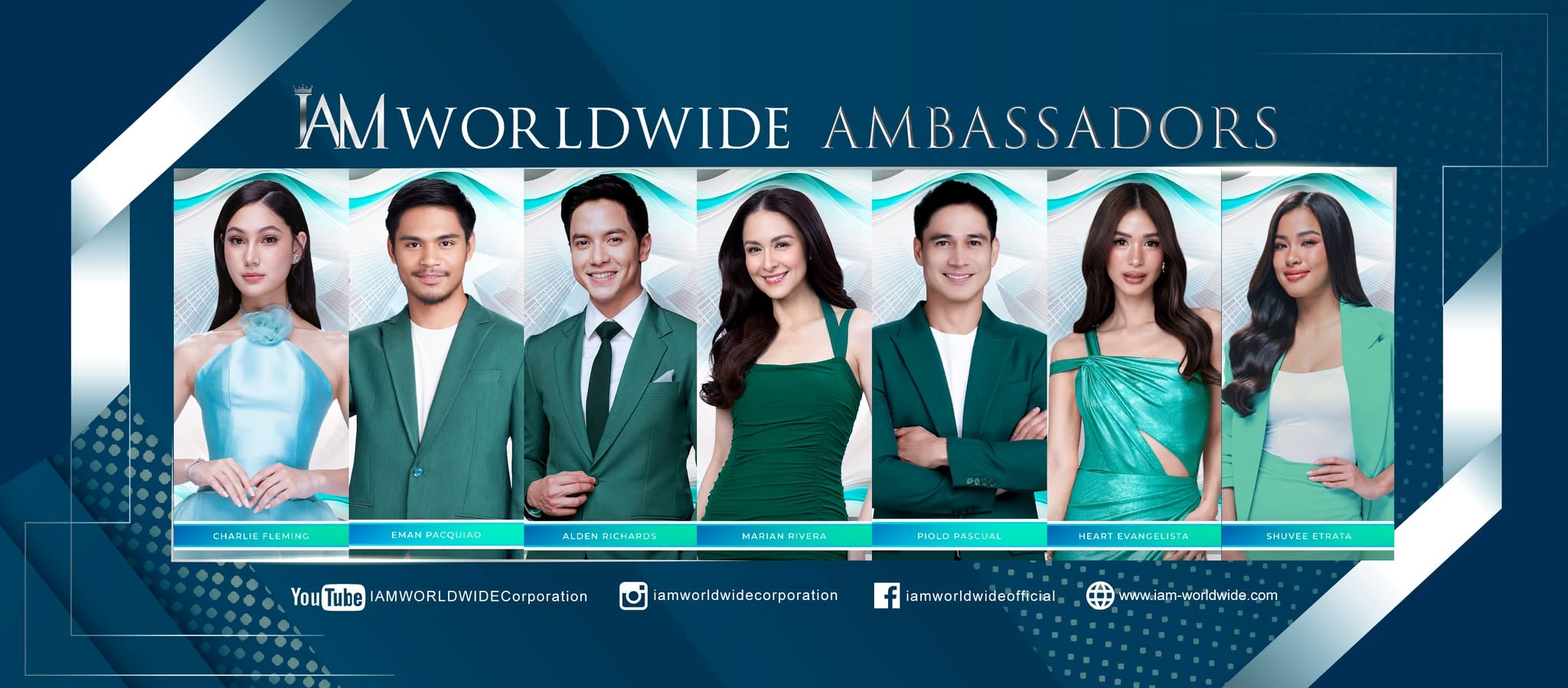 IAM Worldwide 2026 Brand Ambassador Lineup featuring Charlie Fleming, Eman Pacquiao, Alden Richards, Marian Rivera, Piolo Pascual, Heart Evangelista, and Shuvee Etrata